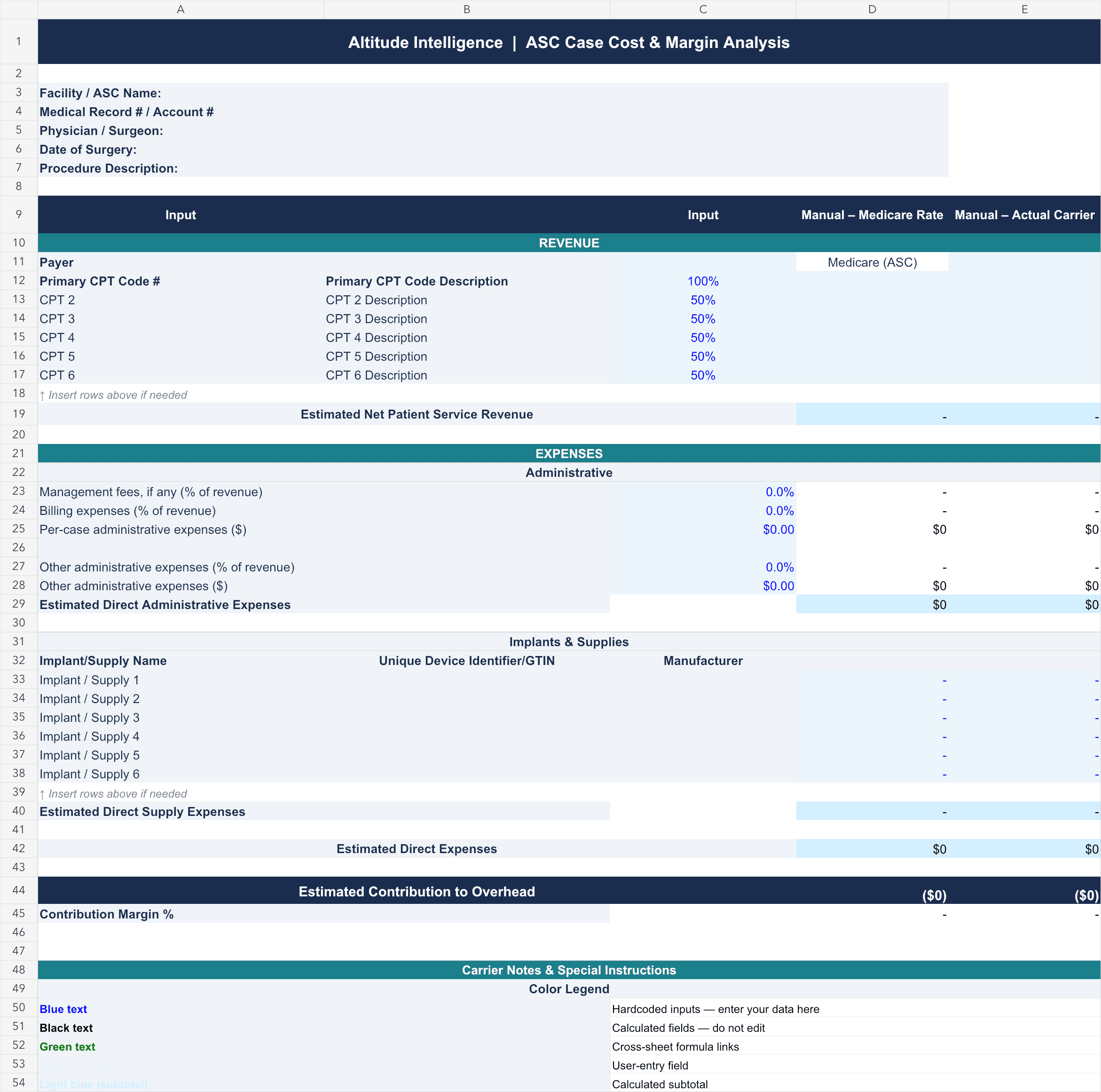 Preview of the ASC case cost and margin analysis worksheet